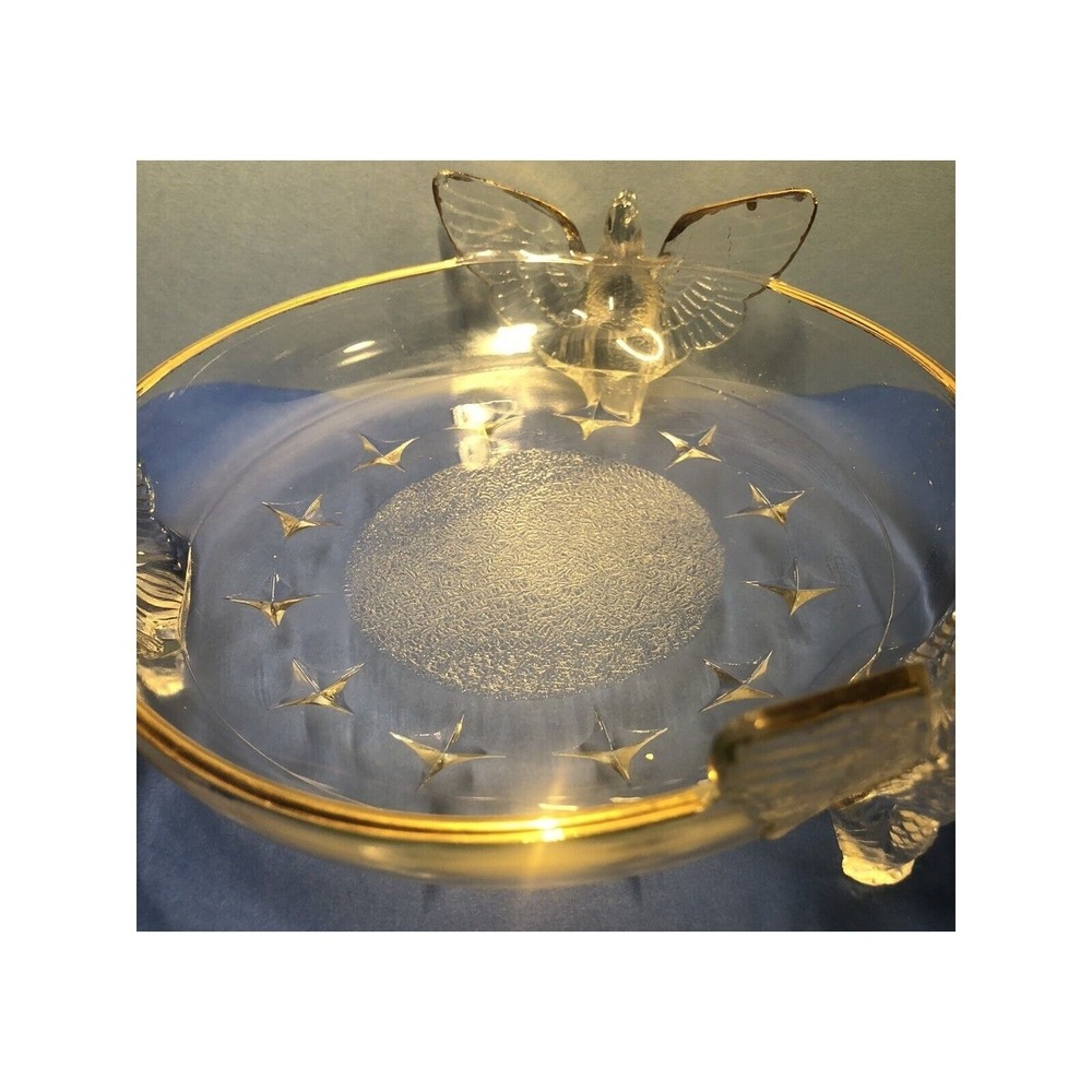 Glass Candy Dish Bowl American Eagle 3-Footed Embossed Stars Gold Trim Vintage - Picture 3 of 13